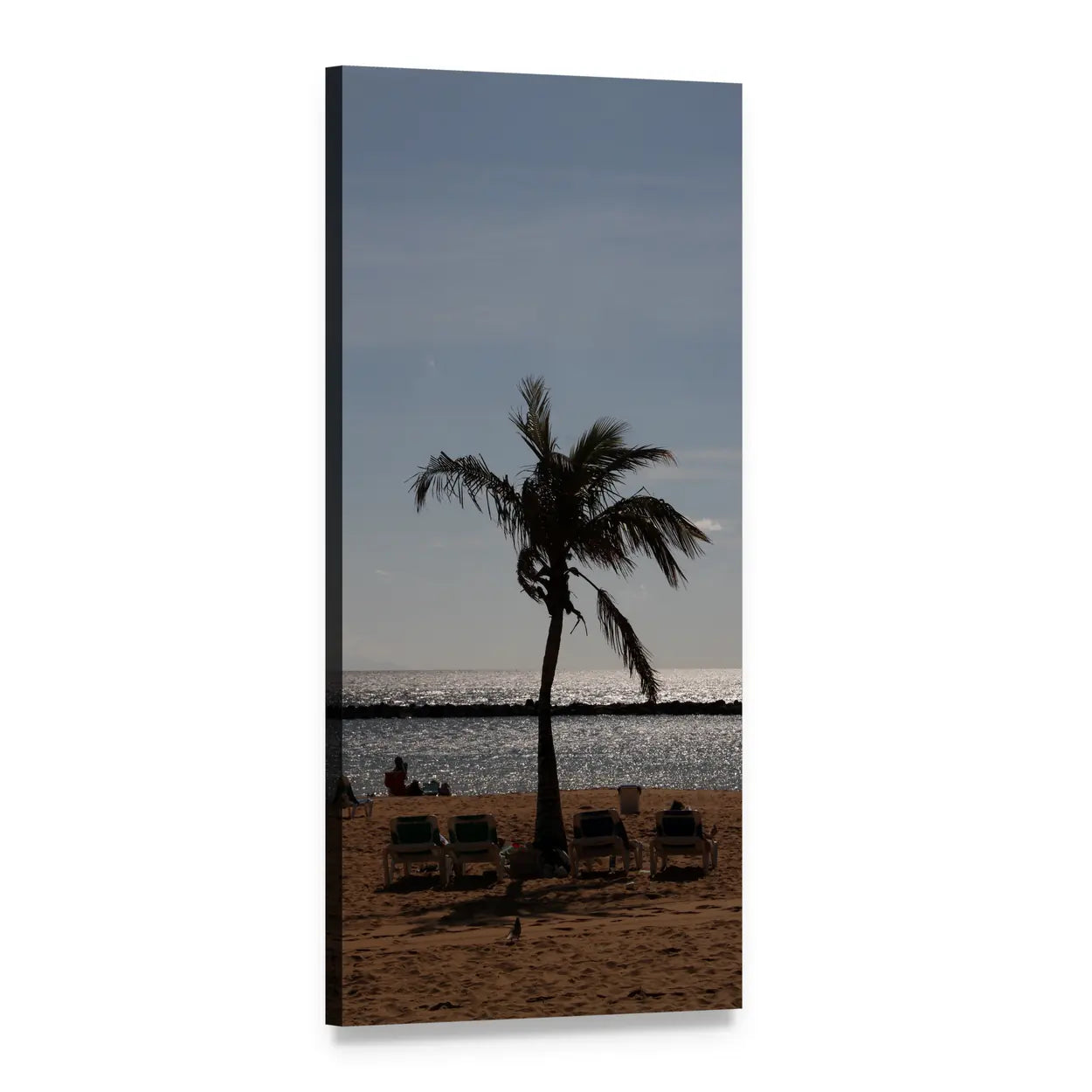Palm Tree on Sandy Beach Vertical Canvas Wall Art, 1 panel 1 Vertical layout gallery wrapped canvas set, angled product view