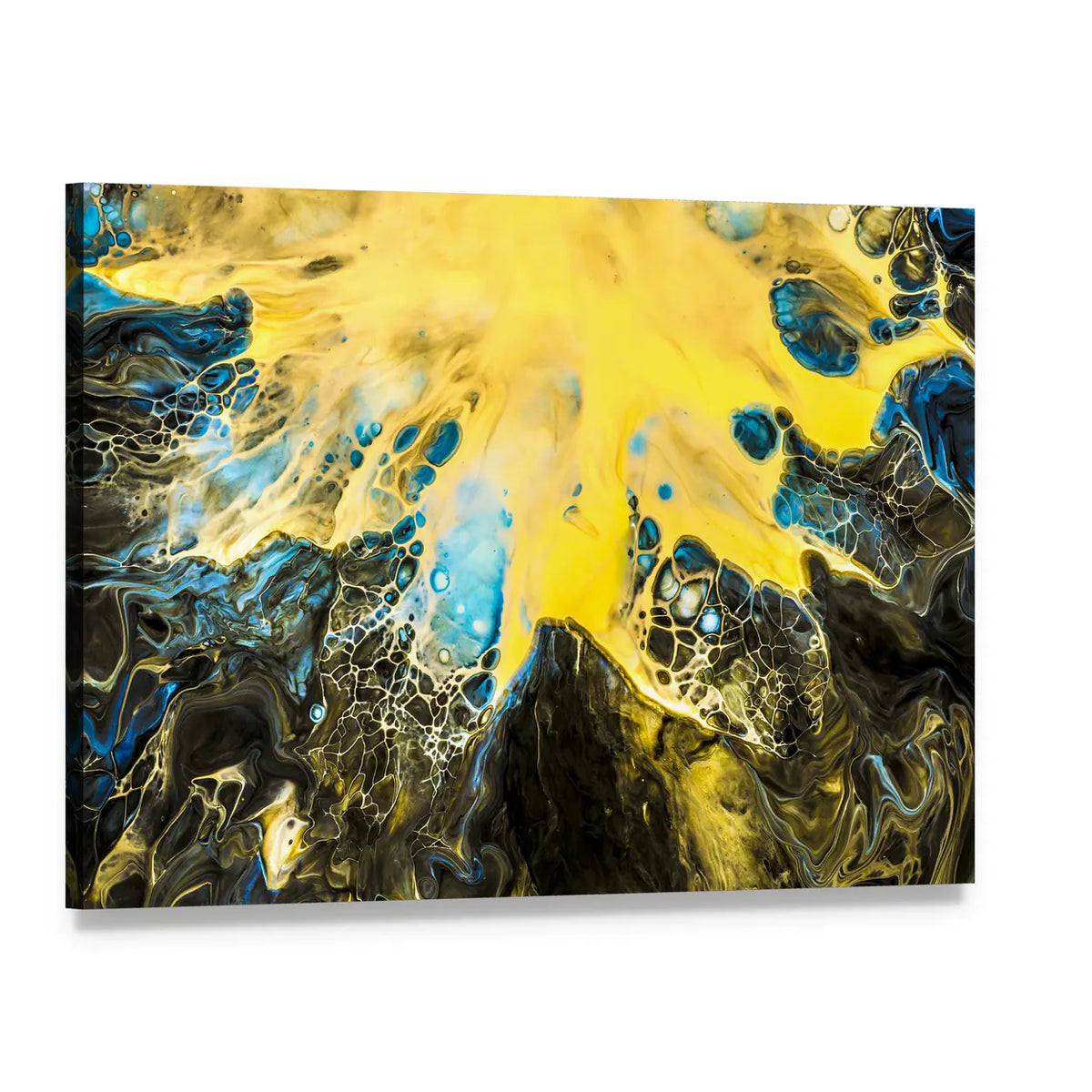 Acrylic Pour Abstract in Gold and Blue Canvas Wall Art, single panel gallery wrapped canvas, angled product view