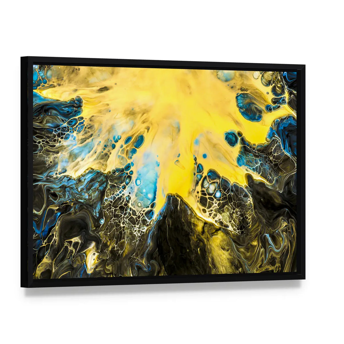 Acrylic Pour Abstract in Gold and Blue Canvas Wall Art, framed canvas in a black floater frame, angled product view