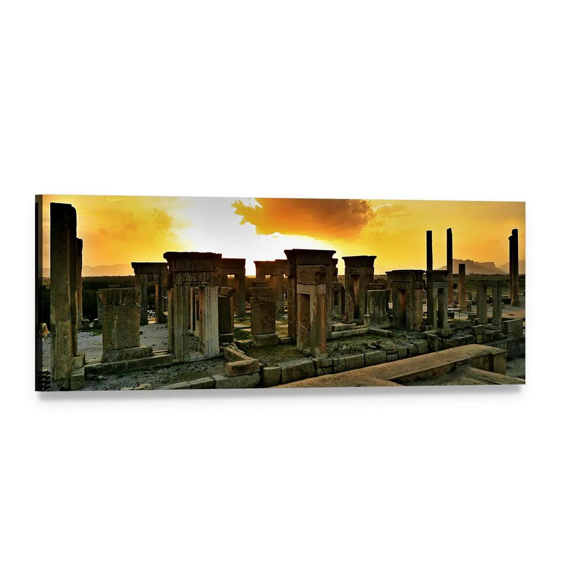Persepolis Ruins at Sunset Panoramic Canvas Wall Art, single panel gallery wrapped canvas, angled product view