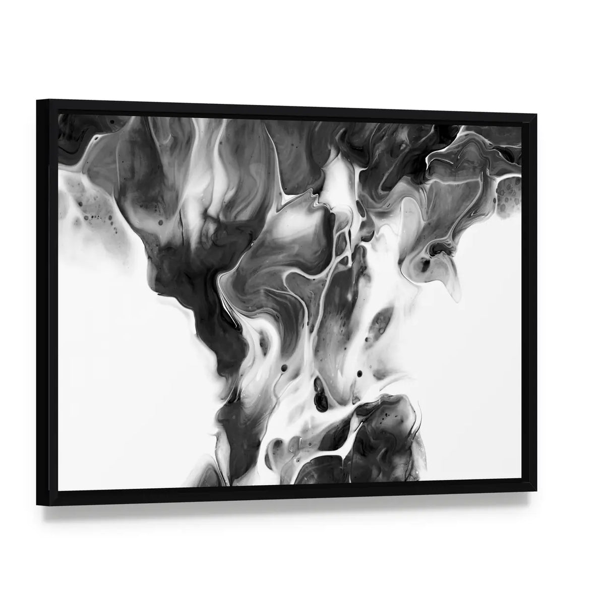 Black and White Ink Flow Abstract Canvas Wall Art, framed canvas in a black floater frame, angled product view