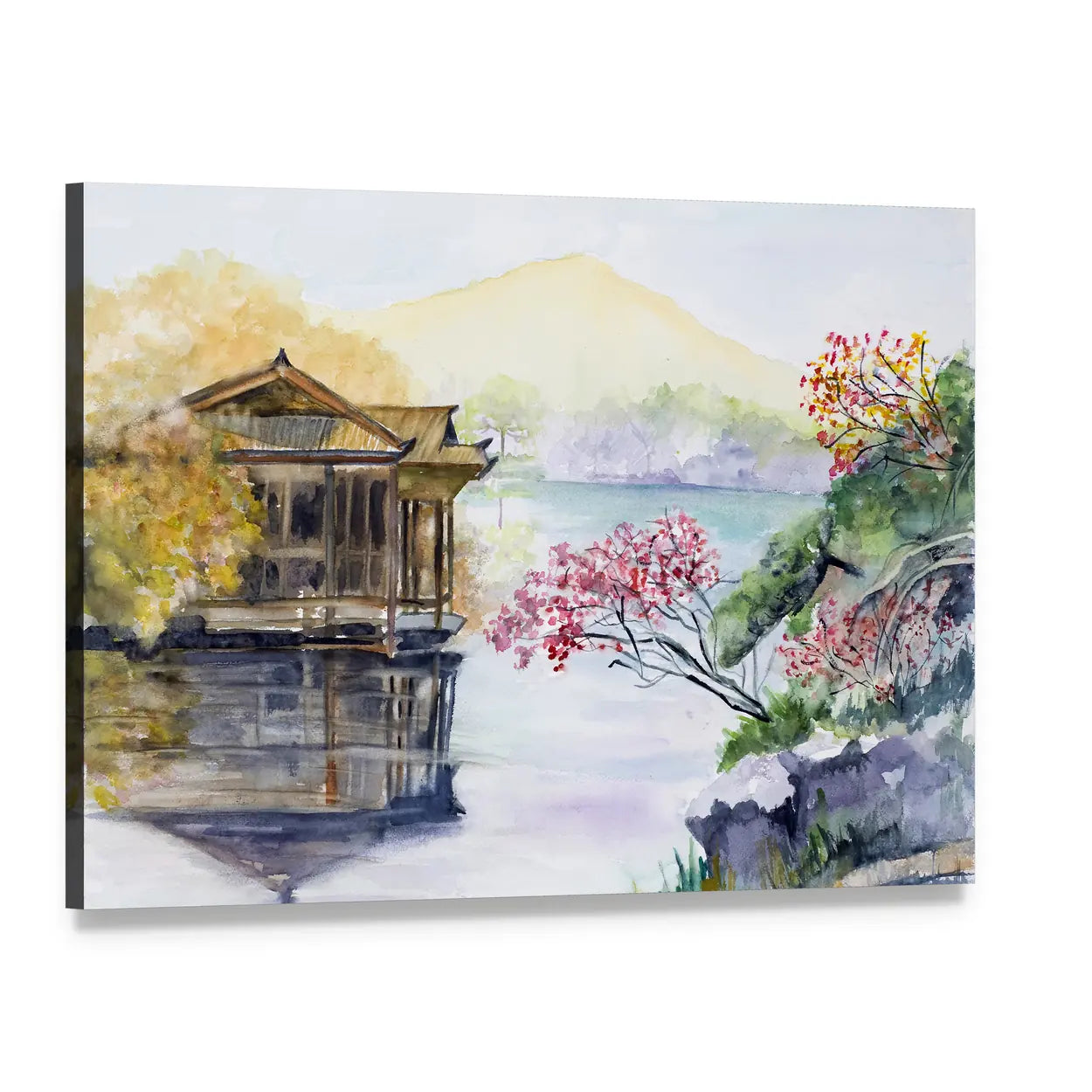 West Lake in Hangzhou Watercolor Landscape Canvas Wall Art, single panel gallery wrapped canvas, angled product view