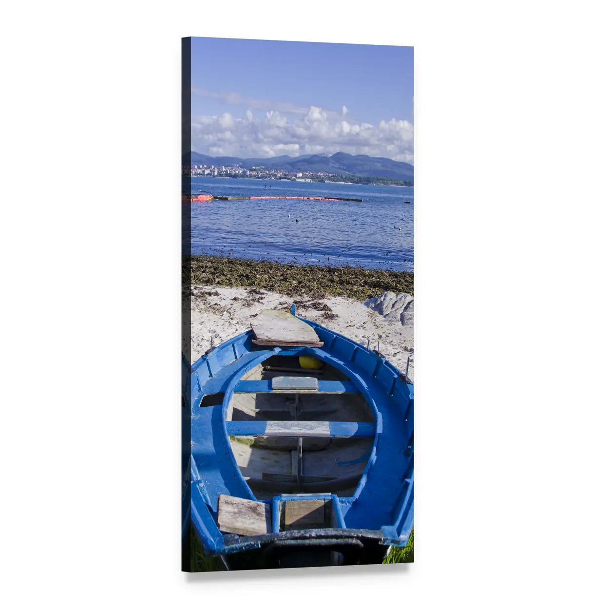 Blue Rowboat Pulled Onto Sandy Beach Vertical Canvas Wall Art, 1 panel 1 Vertical layout gallery wrapped canvas set, angled product view