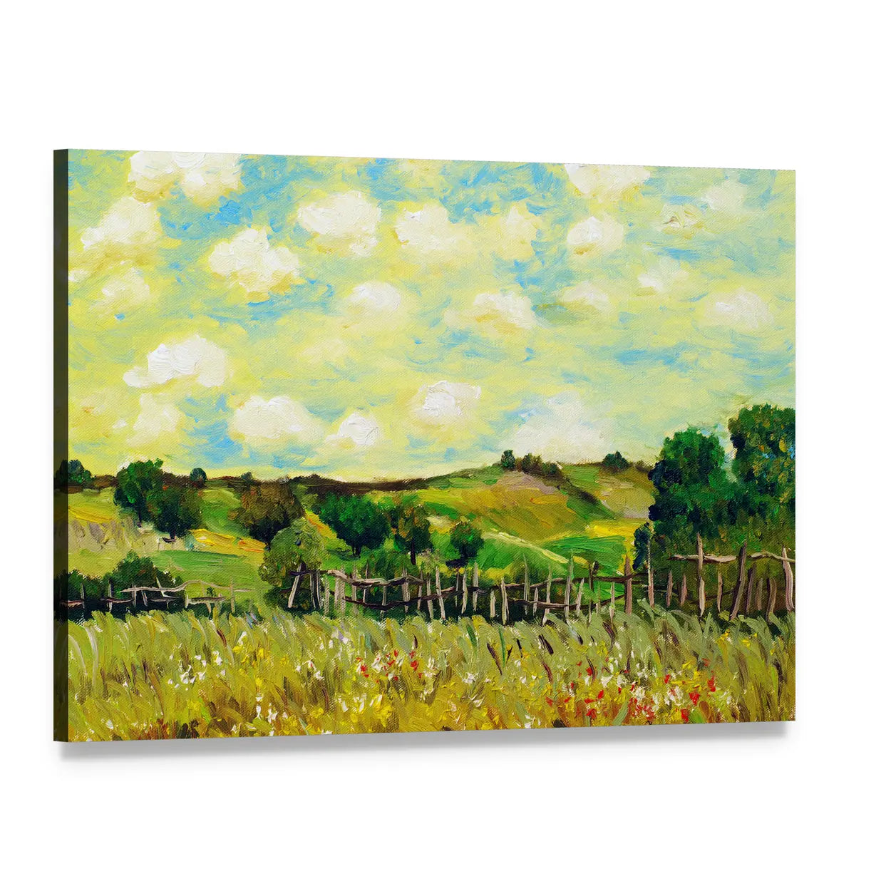 Sunlit Rolling Green Farm Fields Painting Canvas Wall Art, single panel gallery wrapped canvas, angled product view