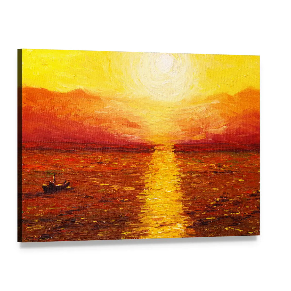 Sunset Sea with Boat Oil Painting Canvas Wall Art, single panel gallery wrapped canvas, angled product view
