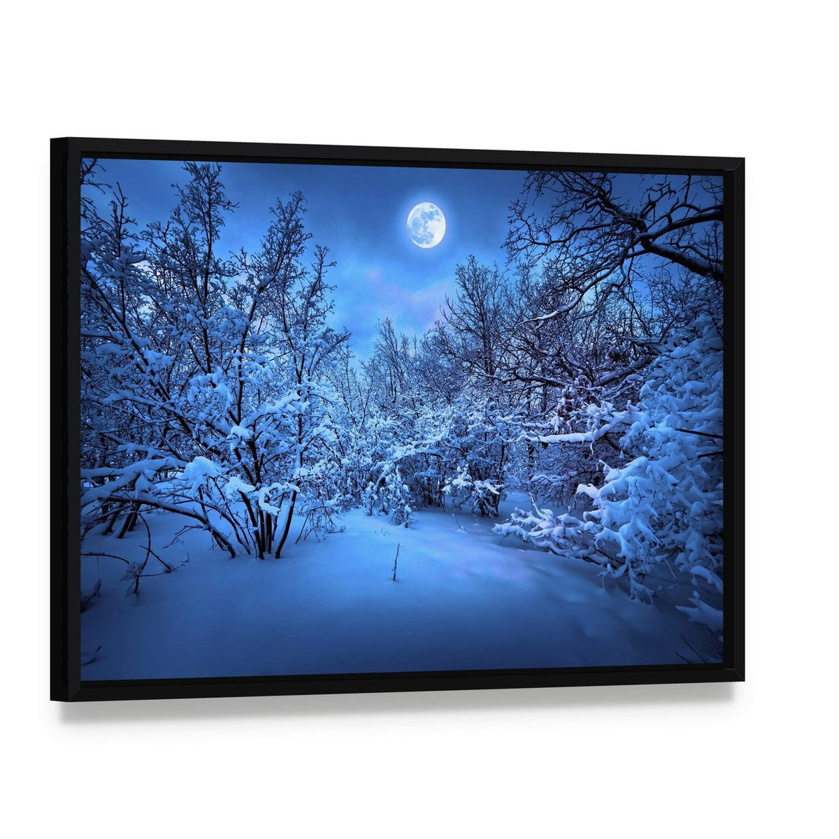 Moonlit Path Through Snowy Forest Canvas Wall Art, framed canvas in a black floater frame, angled product view