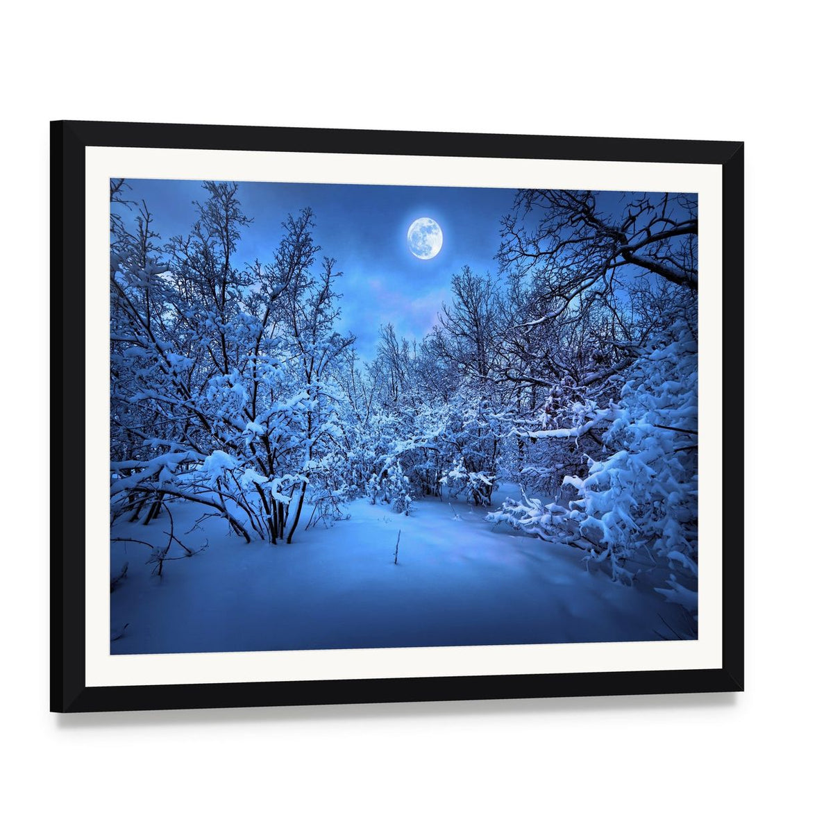 Moonlit Path Through Snowy Forest Canvas Wall Art, framed print with white mat and black frame, angled product view