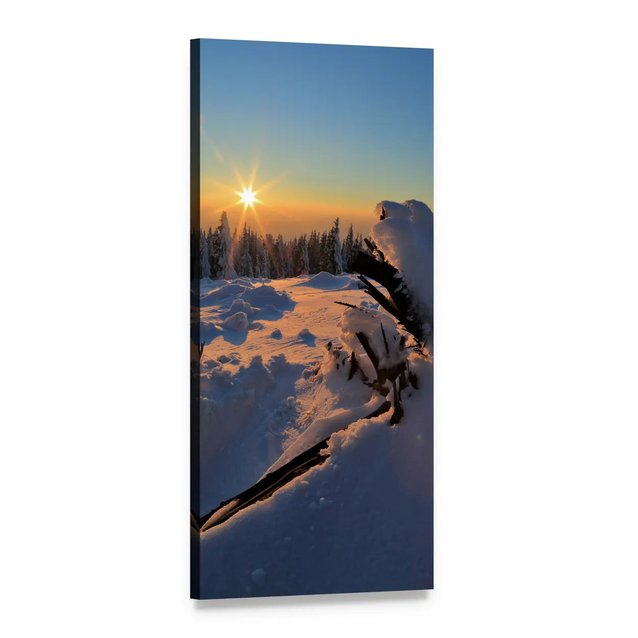 Starburst Sunrise Over Snowy Forest Vertical Canvas Wall Art, 1 panel 1 Vertical layout gallery wrapped canvas set, angled product view