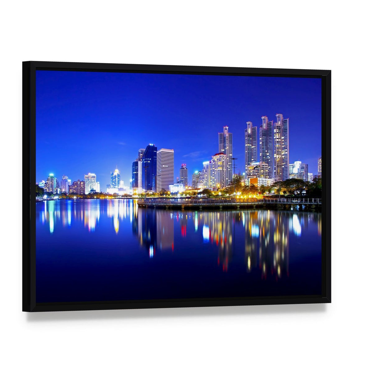 Bangkok City Downtown Canvas Wall Art, framed canvas in a black floater frame, angled product view
