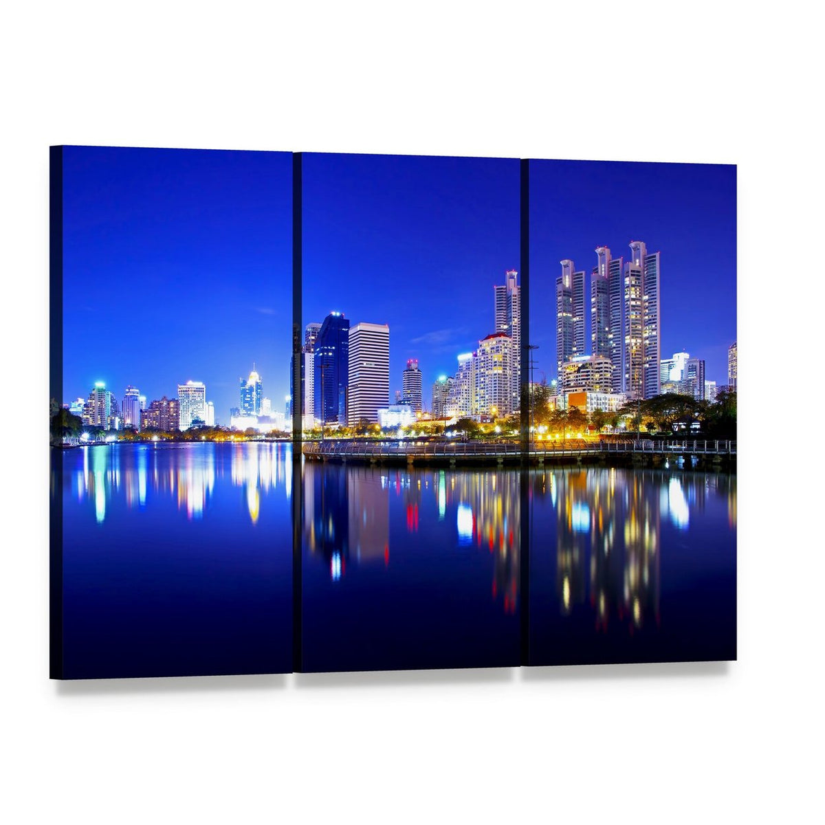 Bangkok City Downtown Canvas Wall Art, 3 panel 3 Horizontal layout gallery wrapped canvas set, angled product view