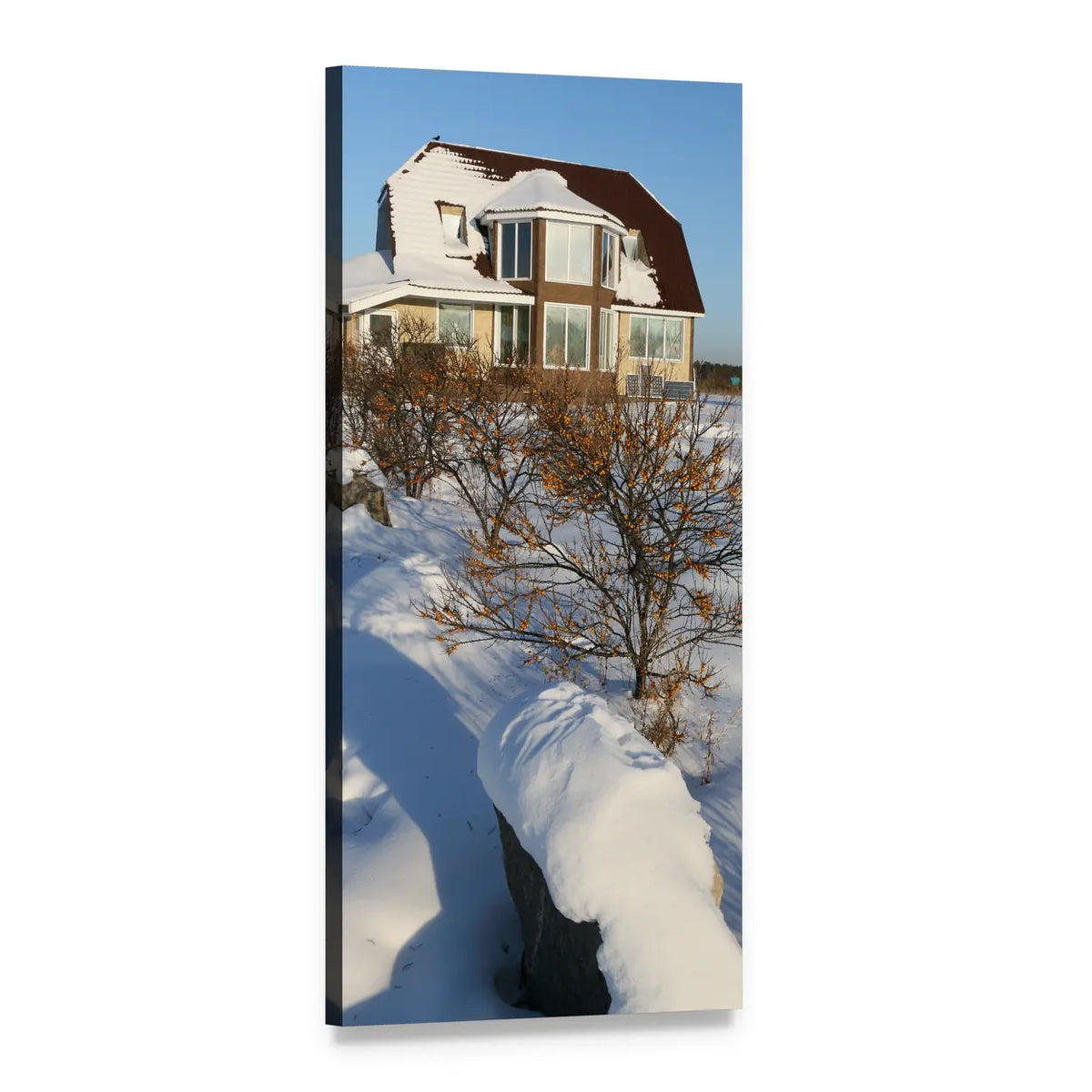 Sunlit Gambrel House in Snow Vertical Canvas Wall Art, 1 panel 1 Vertical layout gallery wrapped canvas set, angled product view