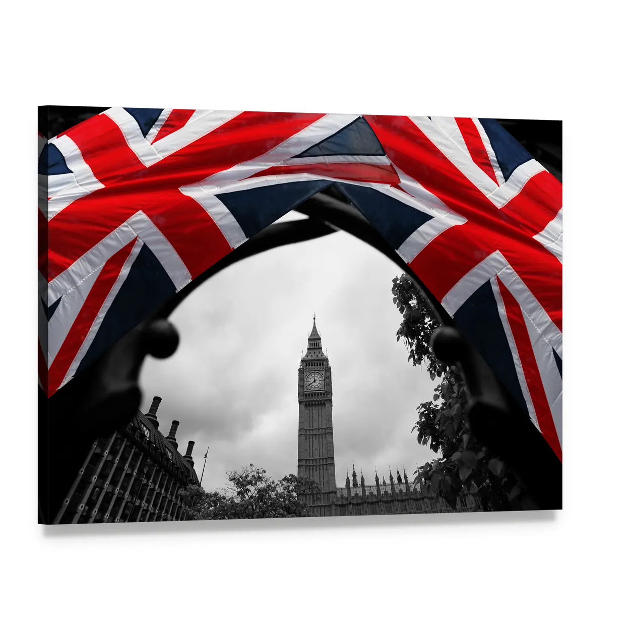 Big Ben with Union Jack Flag Canvas Wall Art, single panel gallery wrapped canvas, angled product view