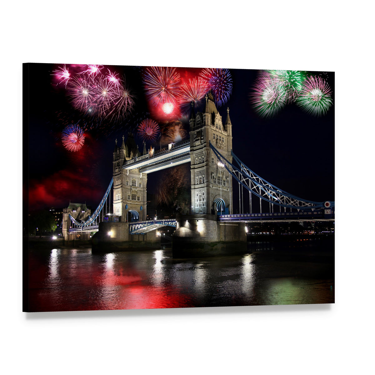 Tower Bridge Fireworks Canvas Wall Art, single panel gallery wrapped canvas, angled product view