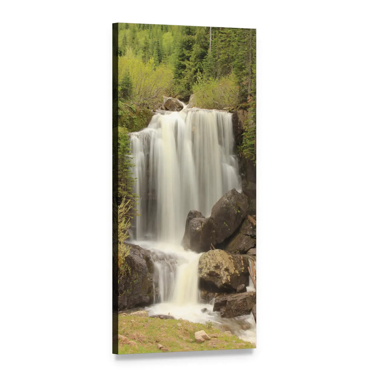 Summer Waterfall Landscape Vertical Canvas Wall Art, 1 panel 1 Vertical layout gallery wrapped canvas set, angled product view