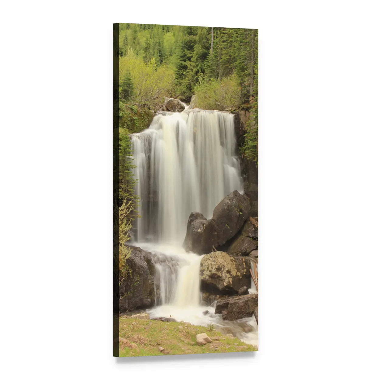 Summer Waterfall Landscape Vertical Canvas Wall Art, 1 panel 1 Vertical layout gallery wrapped canvas set, angled product view