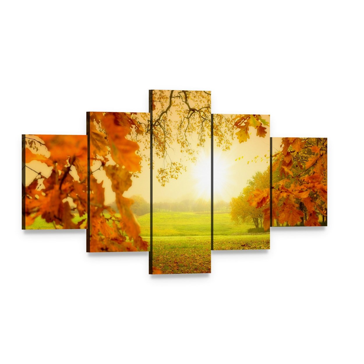 Autumn Forest with Sunlight Canvas Wall Art, 5 panel 5 Star layout gallery wrapped canvas set, angled product view