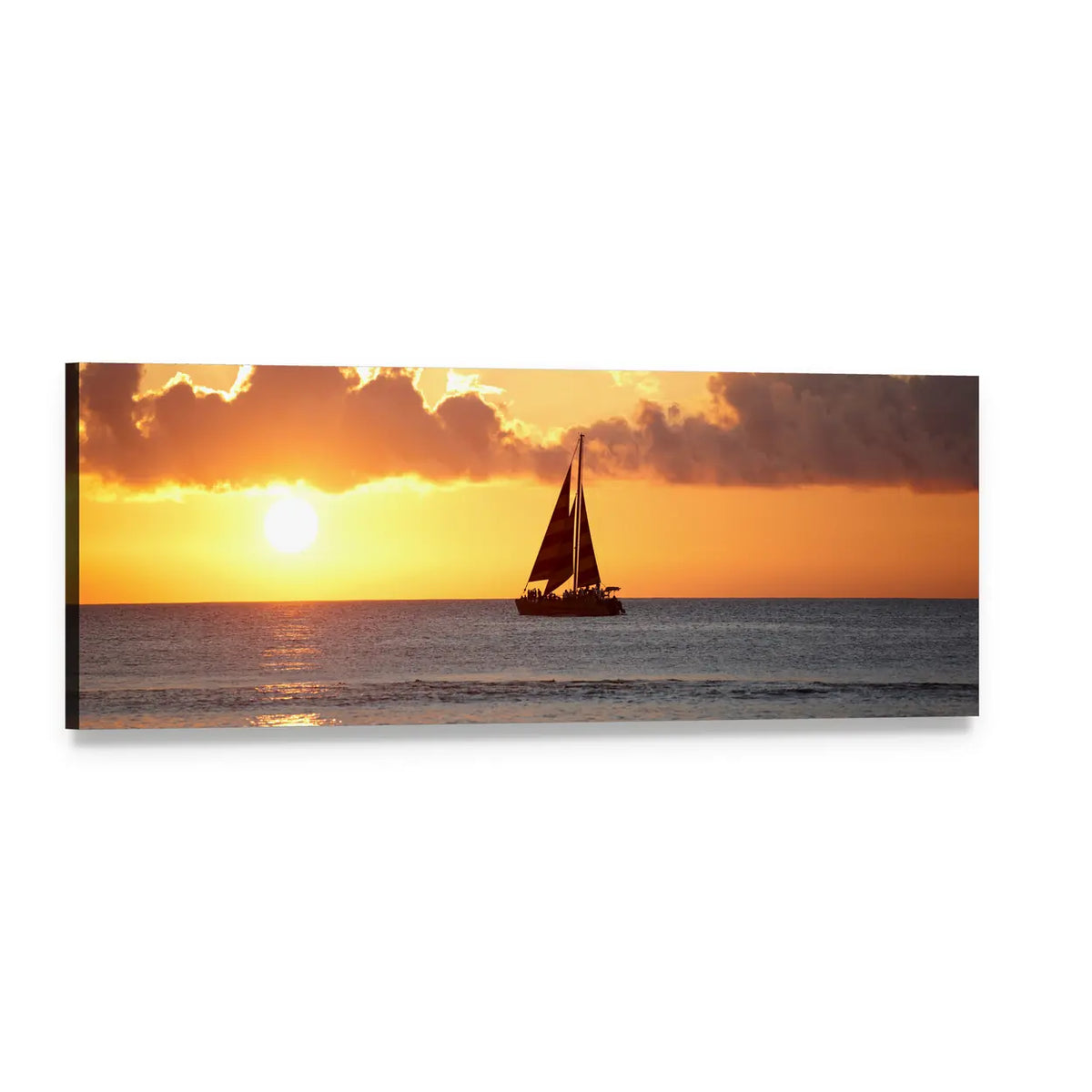 Sailboat at Sunset Over Ocean Panoramic Canvas Wall Art, single panel gallery wrapped canvas, angled product view