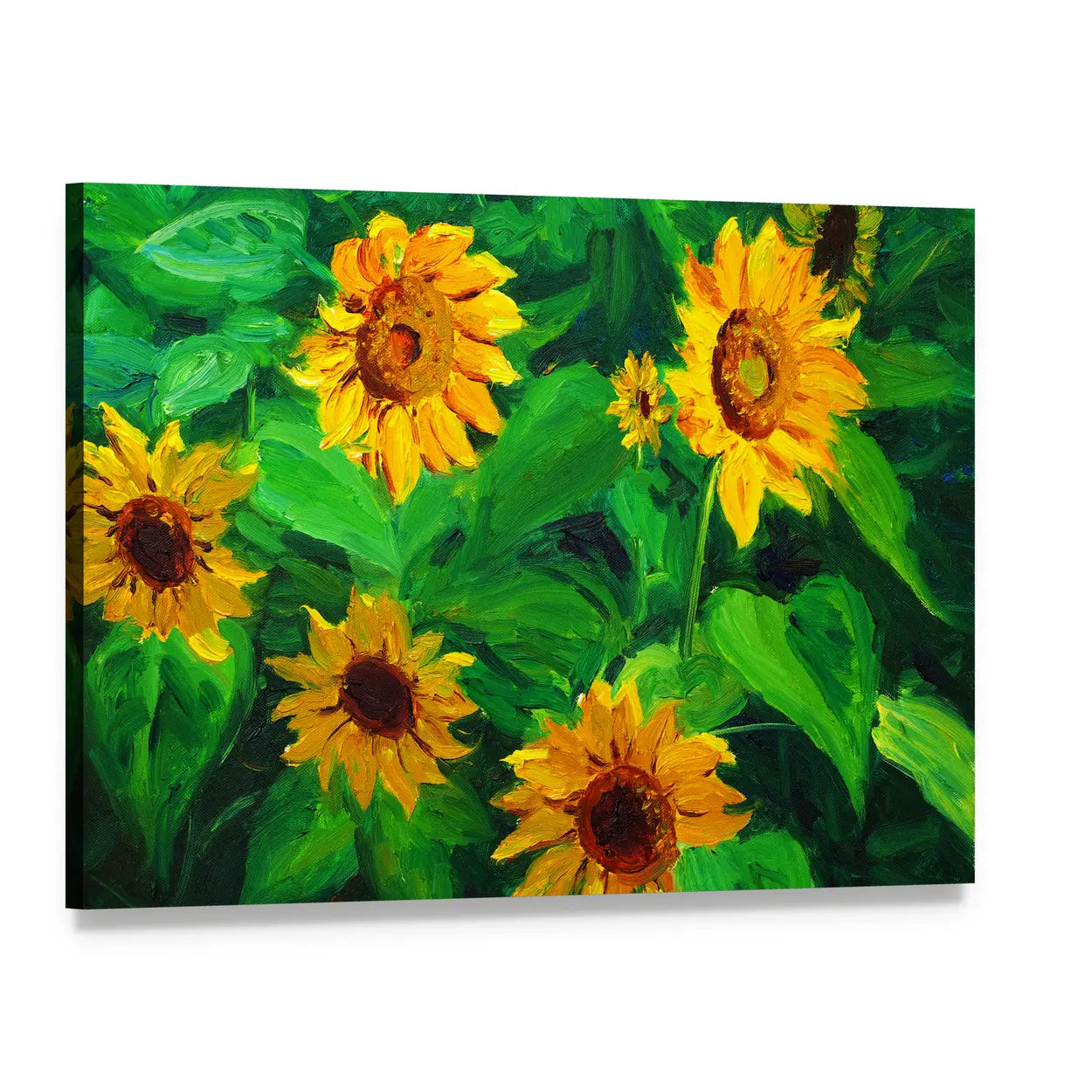 Abstract Sunflowers in Yellow and Green Canvas Wall Art, single panel gallery wrapped canvas, angled product view