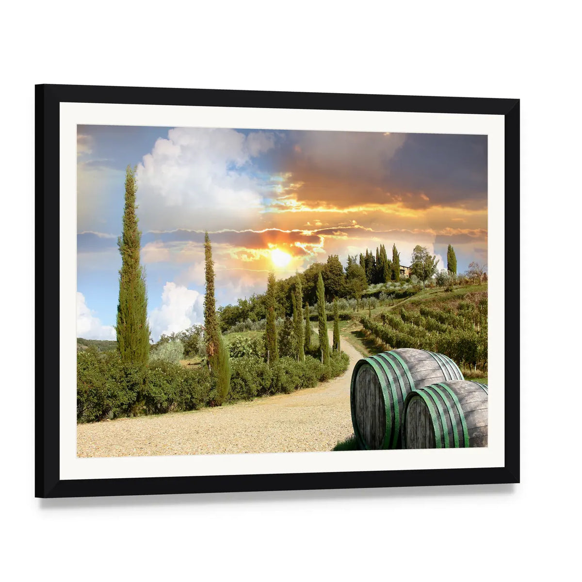 Chianti Vineyard at Sunset Canvas Wall Art, framed print with white mat and black frame, angled product view