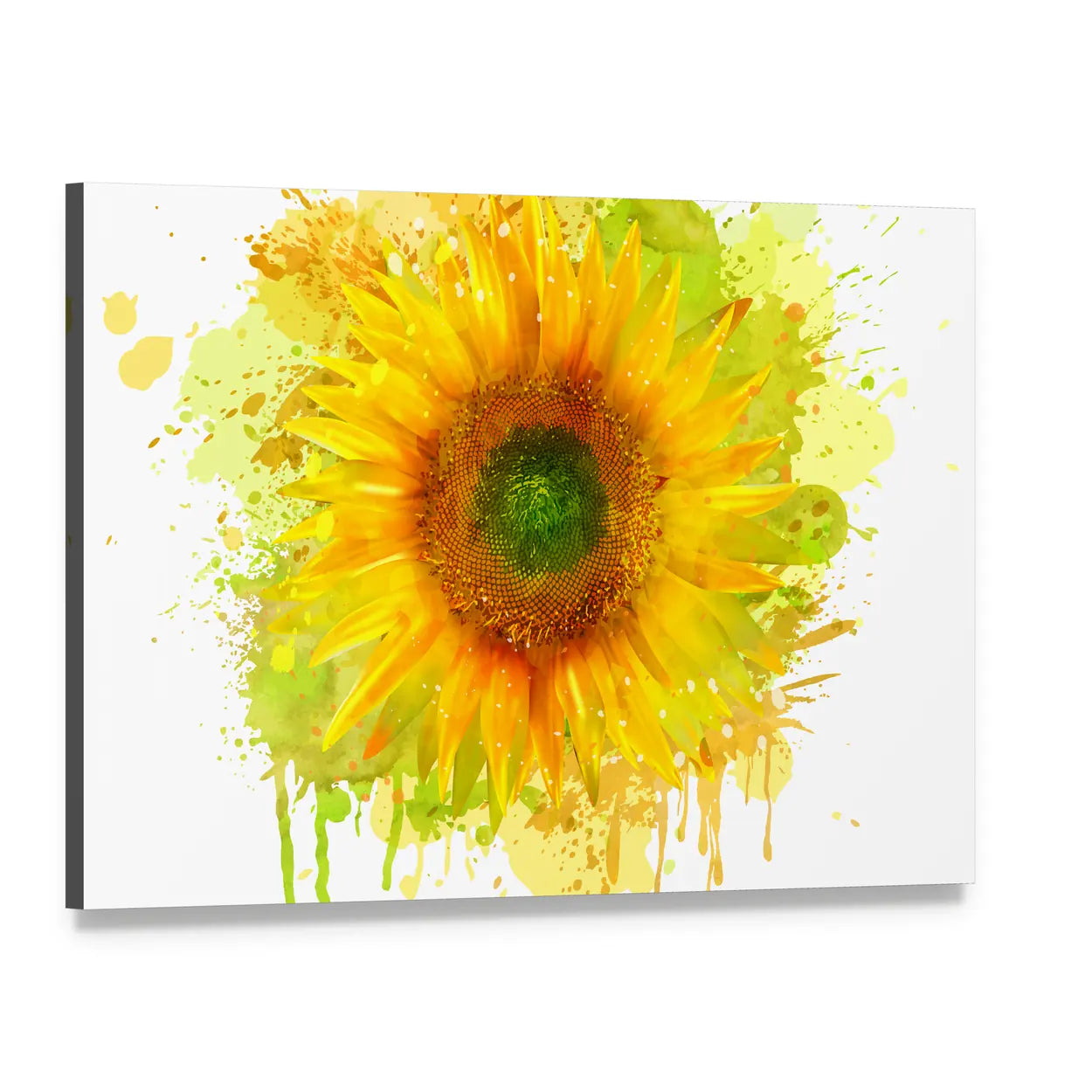 Watercolor Sunflower Splash Canvas Wall Art, single panel gallery wrapped canvas, angled product view