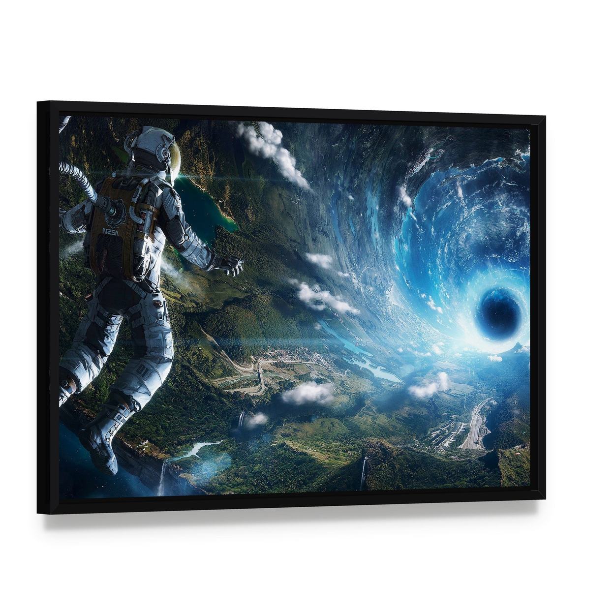 Astronaut in Artificial World Canvas Wall Art, framed canvas in a black floater frame, angled product view