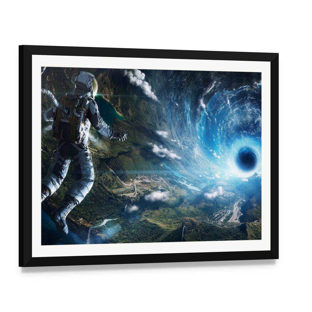 Astronaut in Artificial World Canvas Wall Art, framed print with white mat and black frame, angled product view