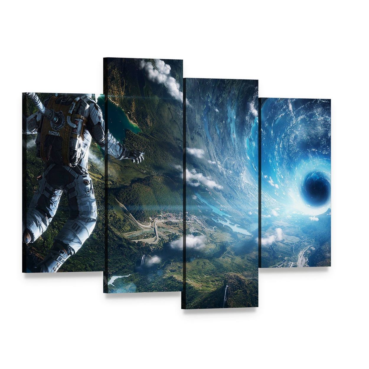 Astronaut in Artificial World Canvas Wall Art, 4 panel 4 Pop layout gallery wrapped canvas set, angled product view