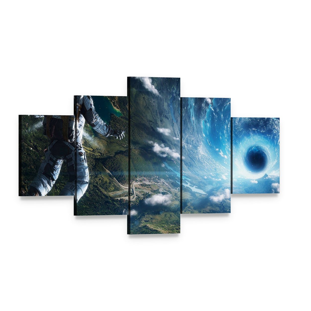 Astronaut in Artificial World Canvas Wall Art, 5 panel 5 Star layout gallery wrapped canvas set, angled product view