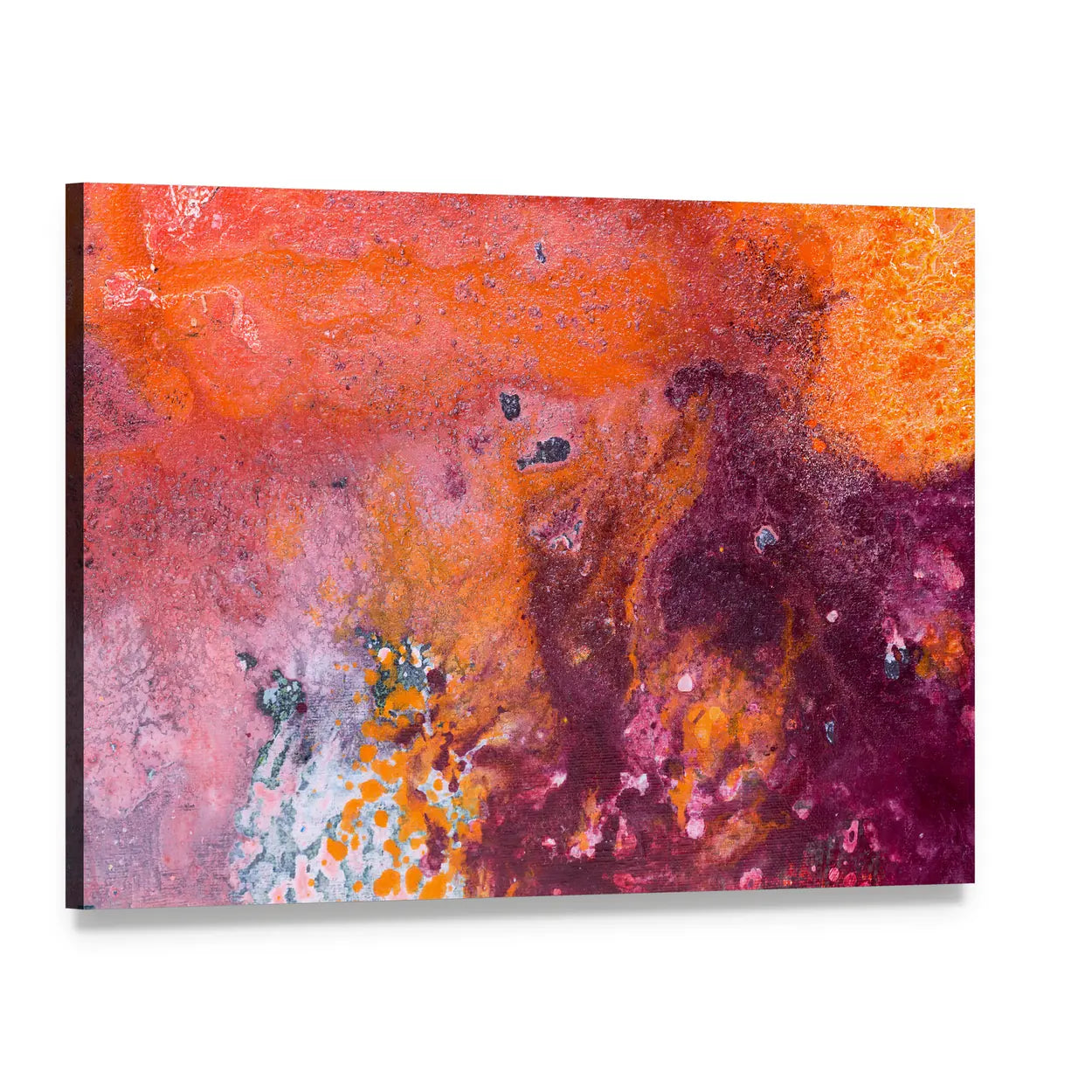 Fluid Acrylic Pour Abstract in Orange and Purple Canvas Wall Art, single panel gallery wrapped canvas, angled product view