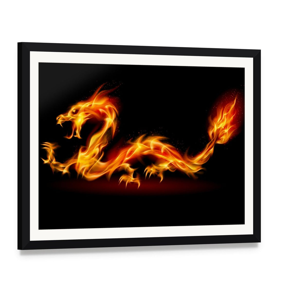 Fiery Dragon Canvas Wall Art, framed print with white mat and black frame, angled product view