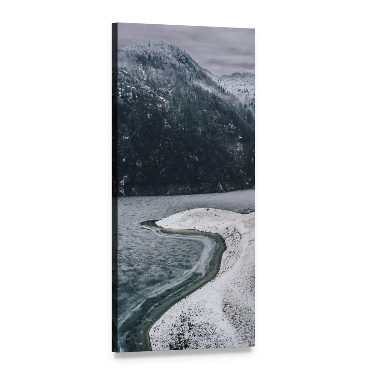 Frozen Shoreline and Snow-dusted Mountains Vertical Canvas Wall Art, 1 panel 1 Vertical layout gallery wrapped canvas set, angled product view