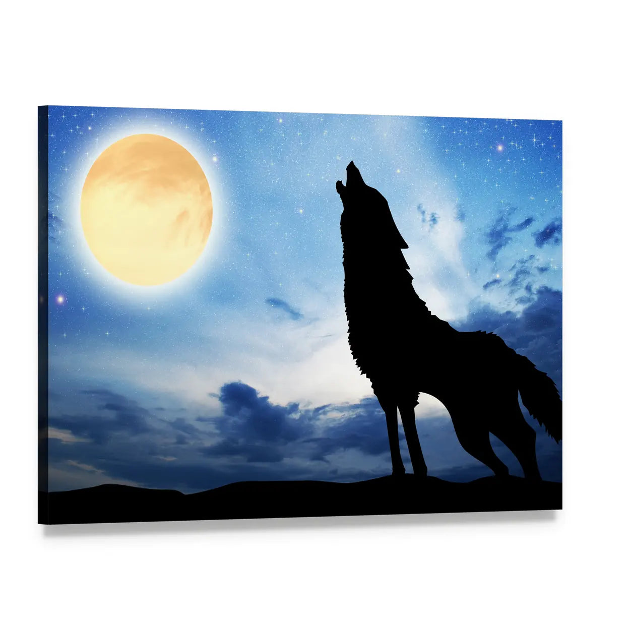 Howling Wolf Silhouette with Full Moon Canvas Wall Art, single panel gallery wrapped canvas, angled product view