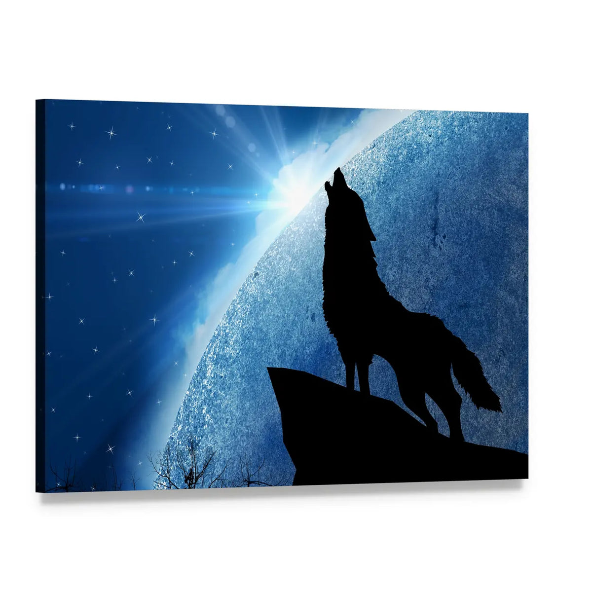 Howling Wolf Under Starry Night Sky Canvas Wall Art, single panel gallery wrapped canvas, angled product view