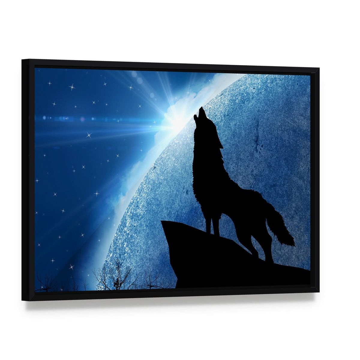 Wolf Howling at Night Canvas Wall Art, framed canvas in a black floater frame, angled product view