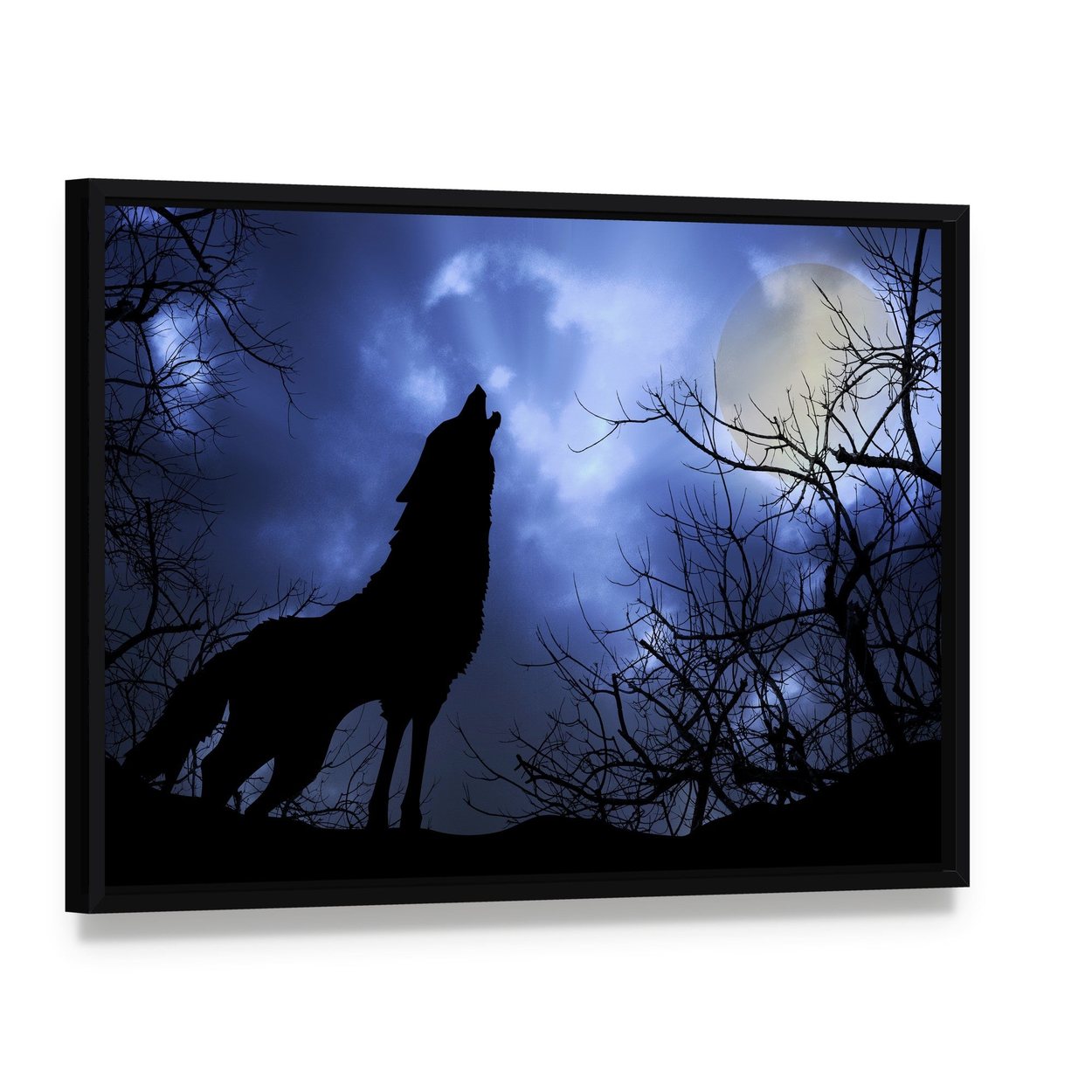 Wolf Howling in Dark Canvas Wall Art, framed canvas in a black floater frame, angled product view