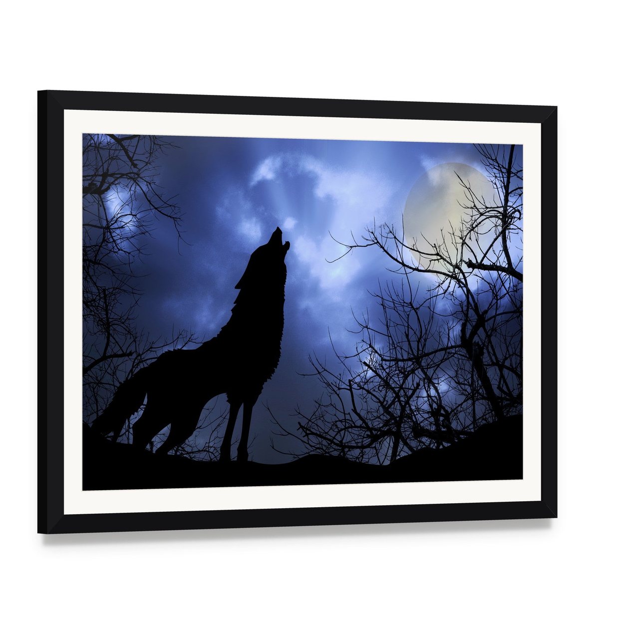 Wolf Howling in Dark Canvas Wall Art, framed print with white mat and black frame, angled product view