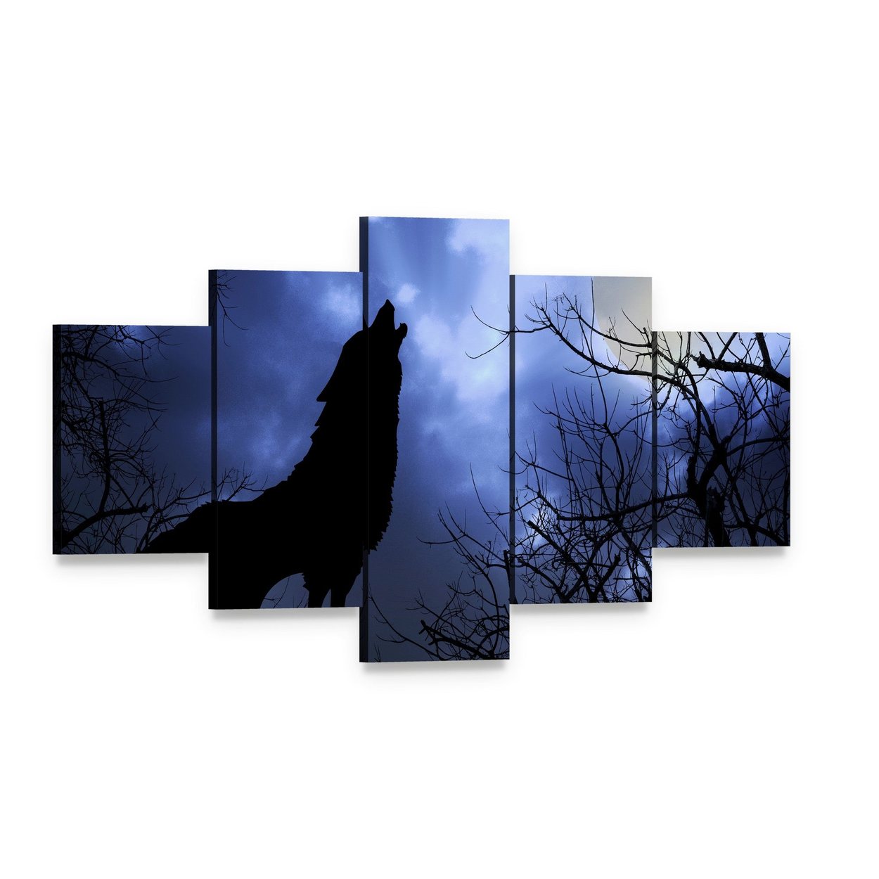 Wolf Howling in Dark Canvas Wall Art, 5 panel 5 Star layout gallery wrapped canvas set, angled product view
