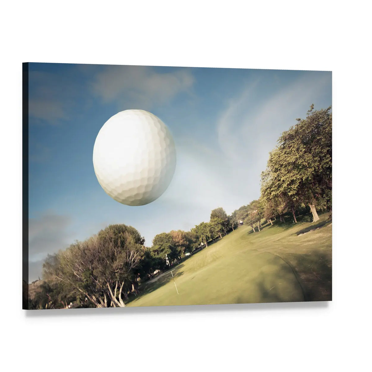 Giant Flying Golf Ball Canvas Wall Art, single panel gallery wrapped canvas, angled product view