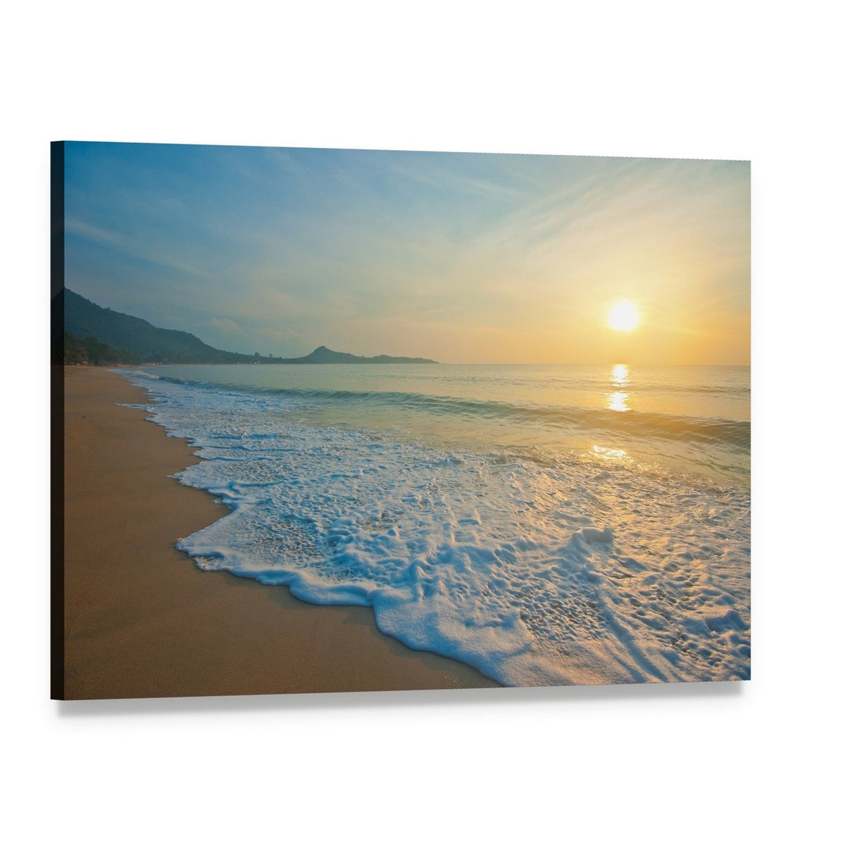 Tropical Beach at Sunrise Canvas Wall Art, single panel gallery wrapped canvas, angled product view