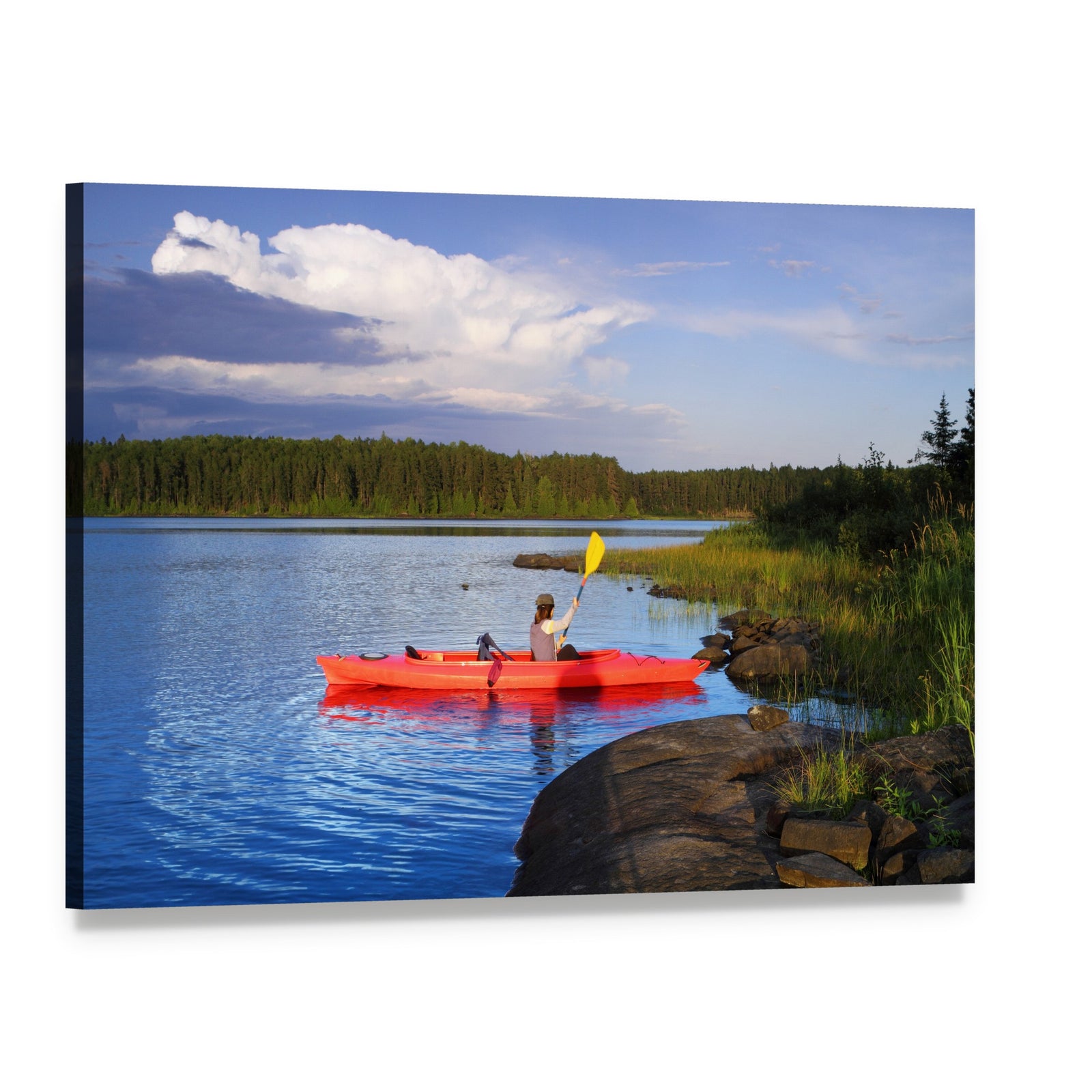 Kayaker on Lake with Pine Forest Canvas Wall Art, single panel gallery wrapped canvas, angled product view