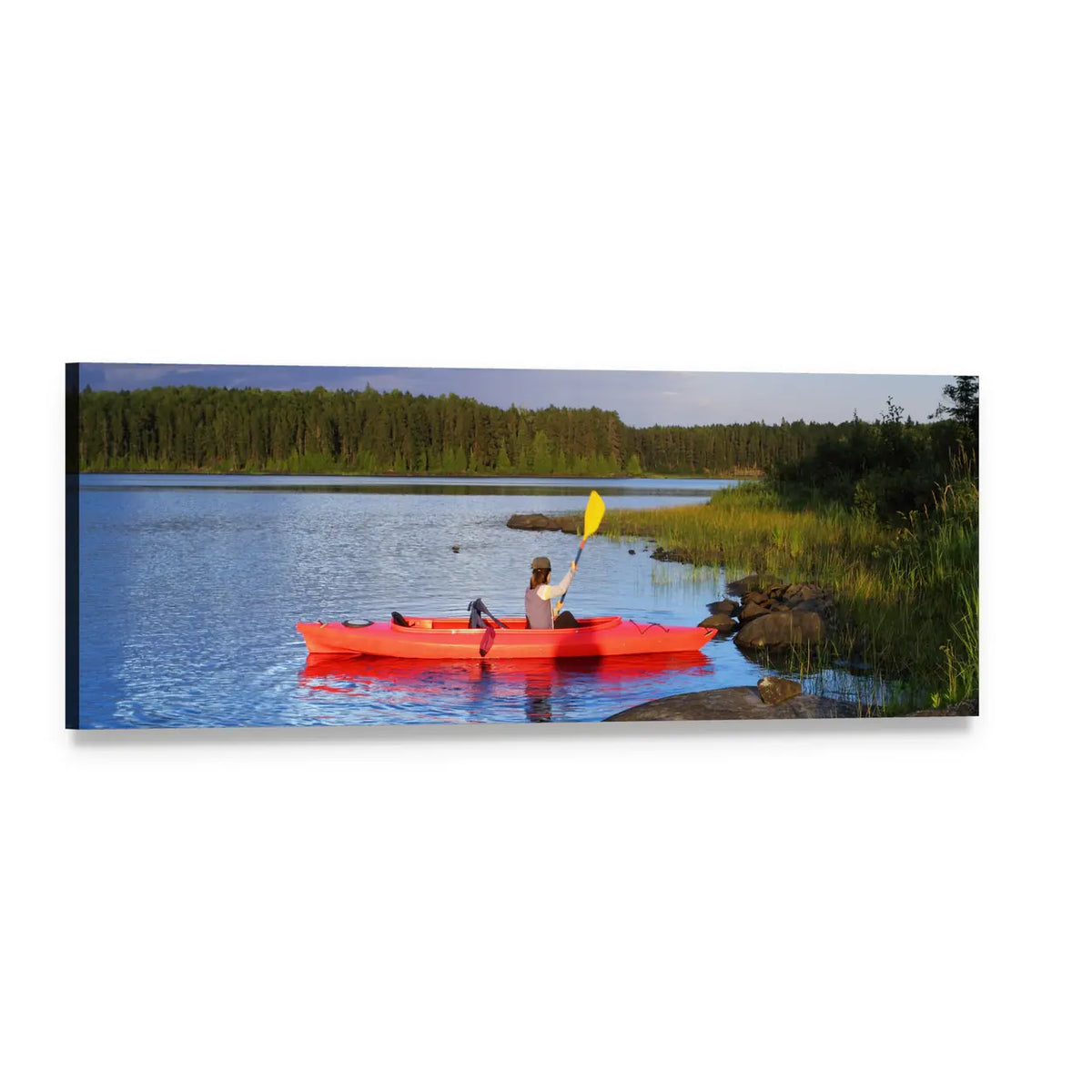 Woman in Red Kayak on Calm Lake Panoramic Canvas Wall Art, single panel gallery wrapped canvas, angled product view
