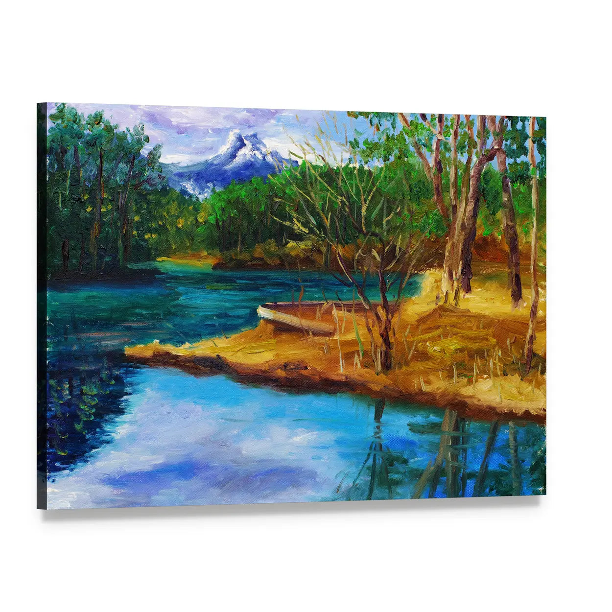 Autumn Lake with Rowboat and Mountain Reflection Canvas Wall Art, single panel gallery wrapped canvas, angled product view