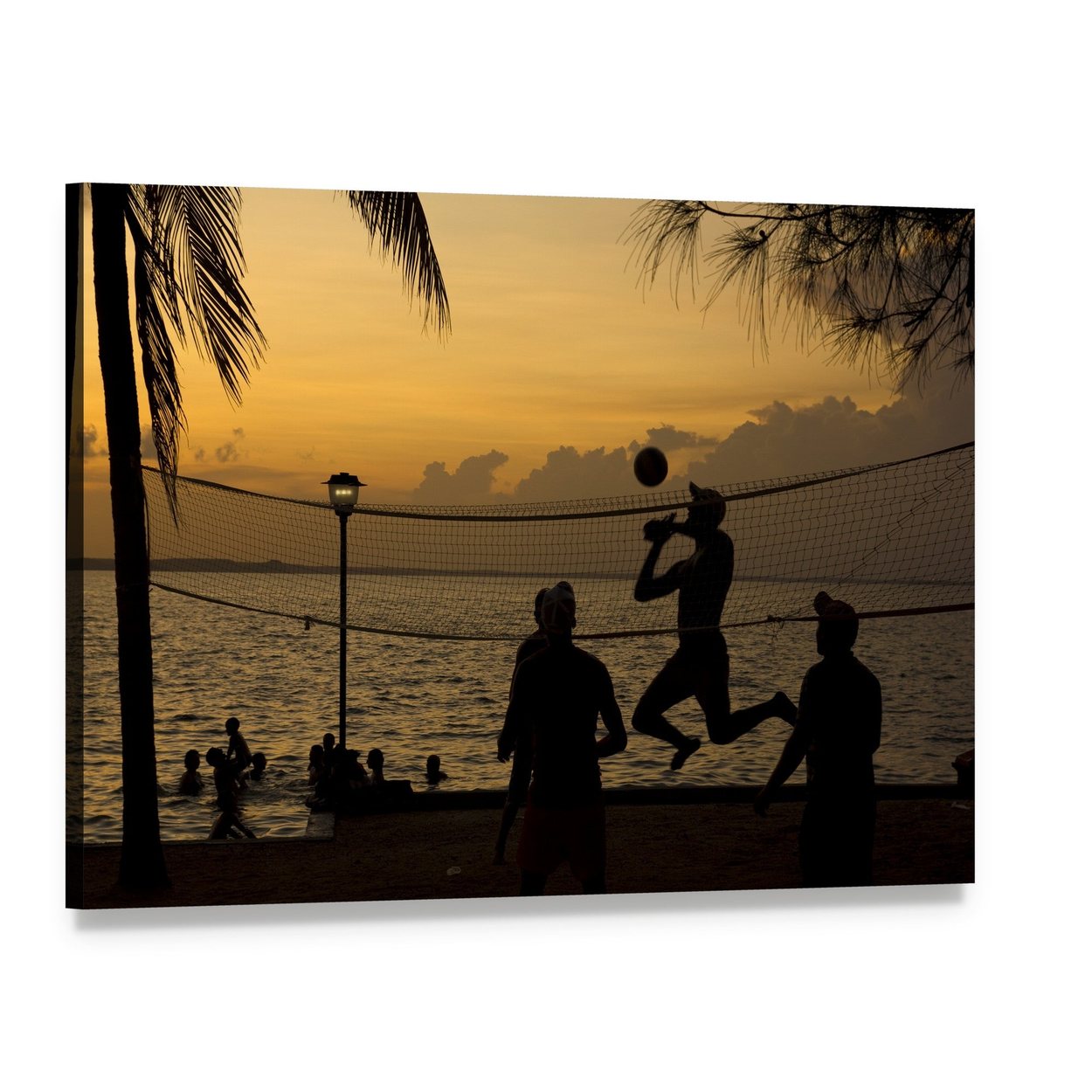Silhouette of People Playing Beach Volleyball at Sunset Canvas Wall Art, single panel gallery wrapped canvas, angled product view