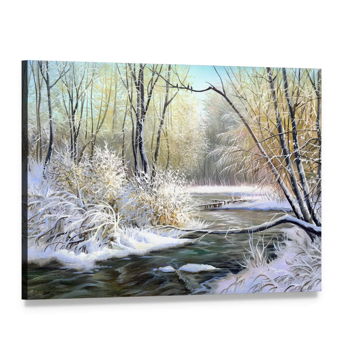 River in Winter Forest Canvas Wall Art, single panel gallery wrapped canvas, angled product view