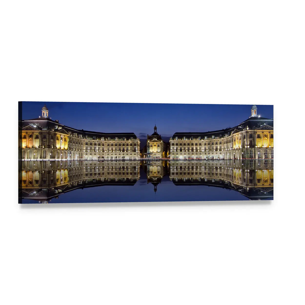 Bordeaux Reflection in Water Panoramic Canvas Wall Art, single panel gallery wrapped canvas, angled product view