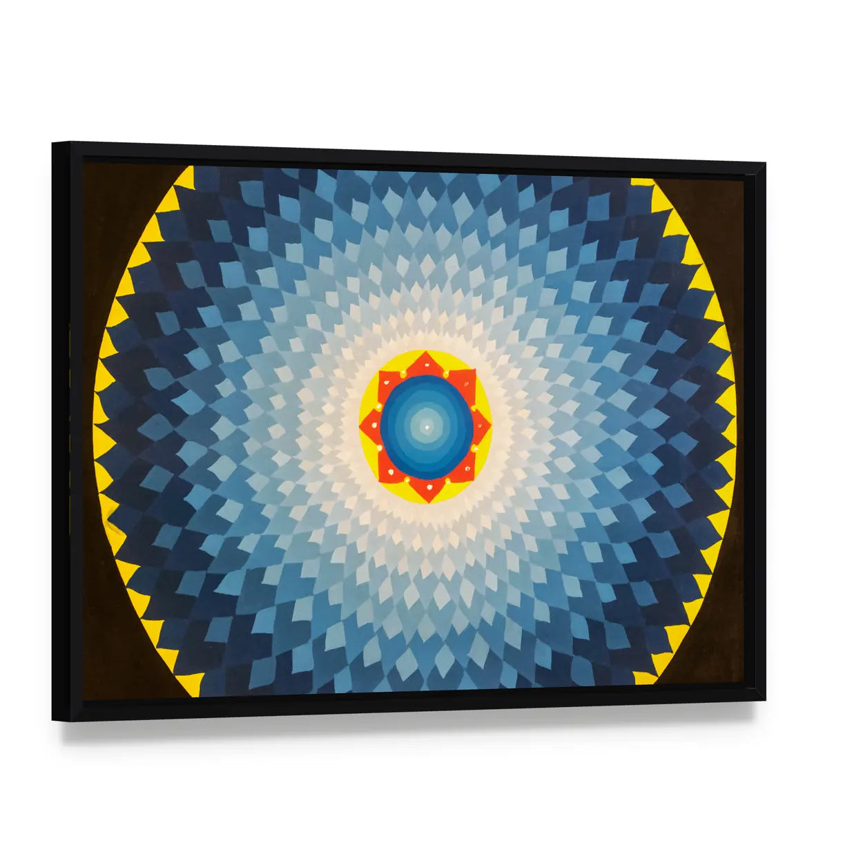 Geometric Flower Mandala Canvas Wall Art, framed canvas in a black floater frame, angled product view