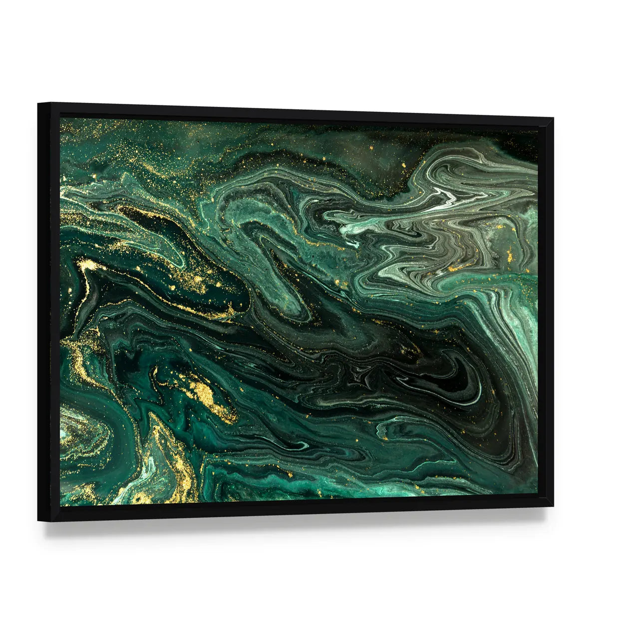 Green Marble Acrylic Pattern Canvas Wall Art, framed canvas in a black floater frame, angled product view