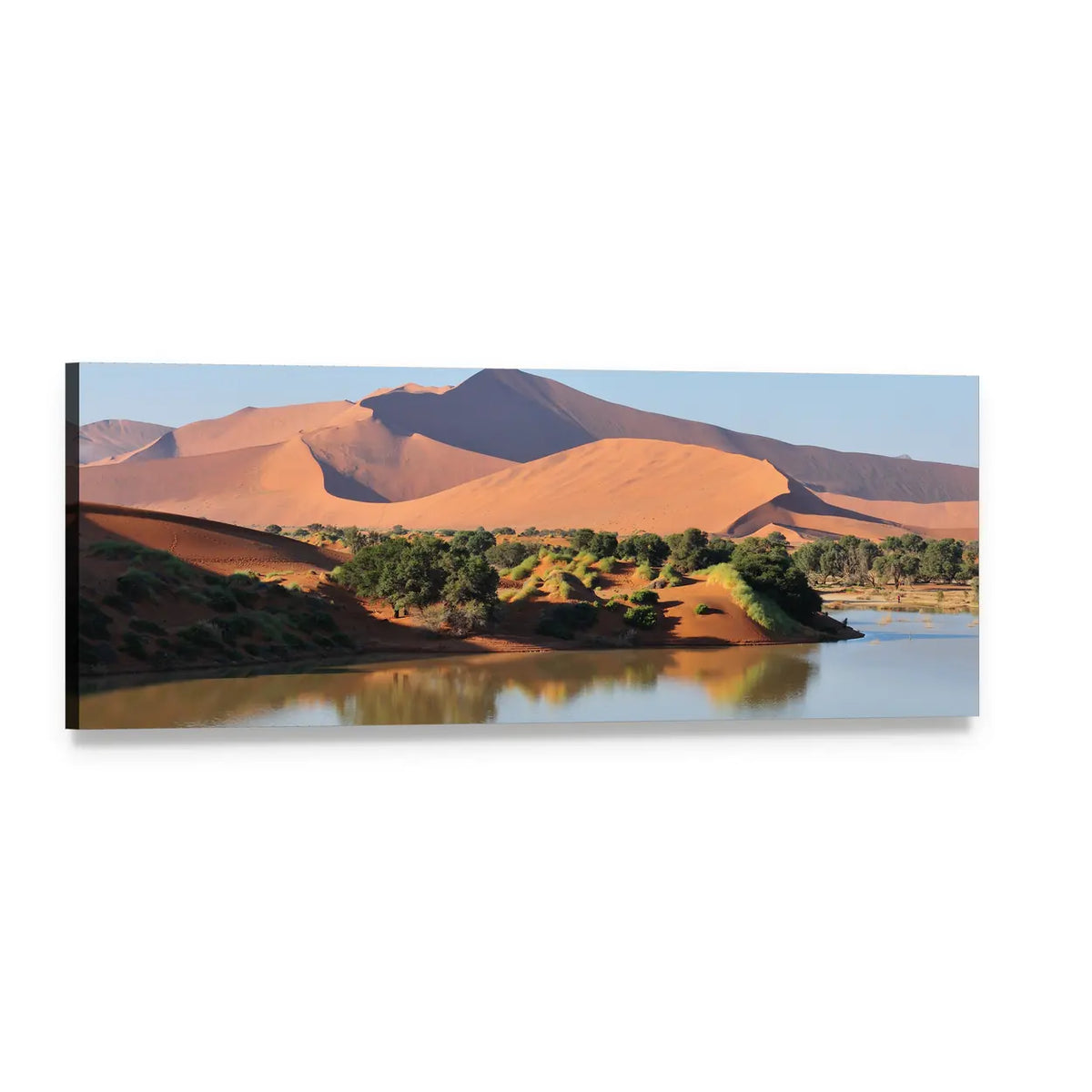 Flooded Desert Oasis with Reflective Lake Panoramic Canvas Wall Art, single panel gallery wrapped canvas, angled product view