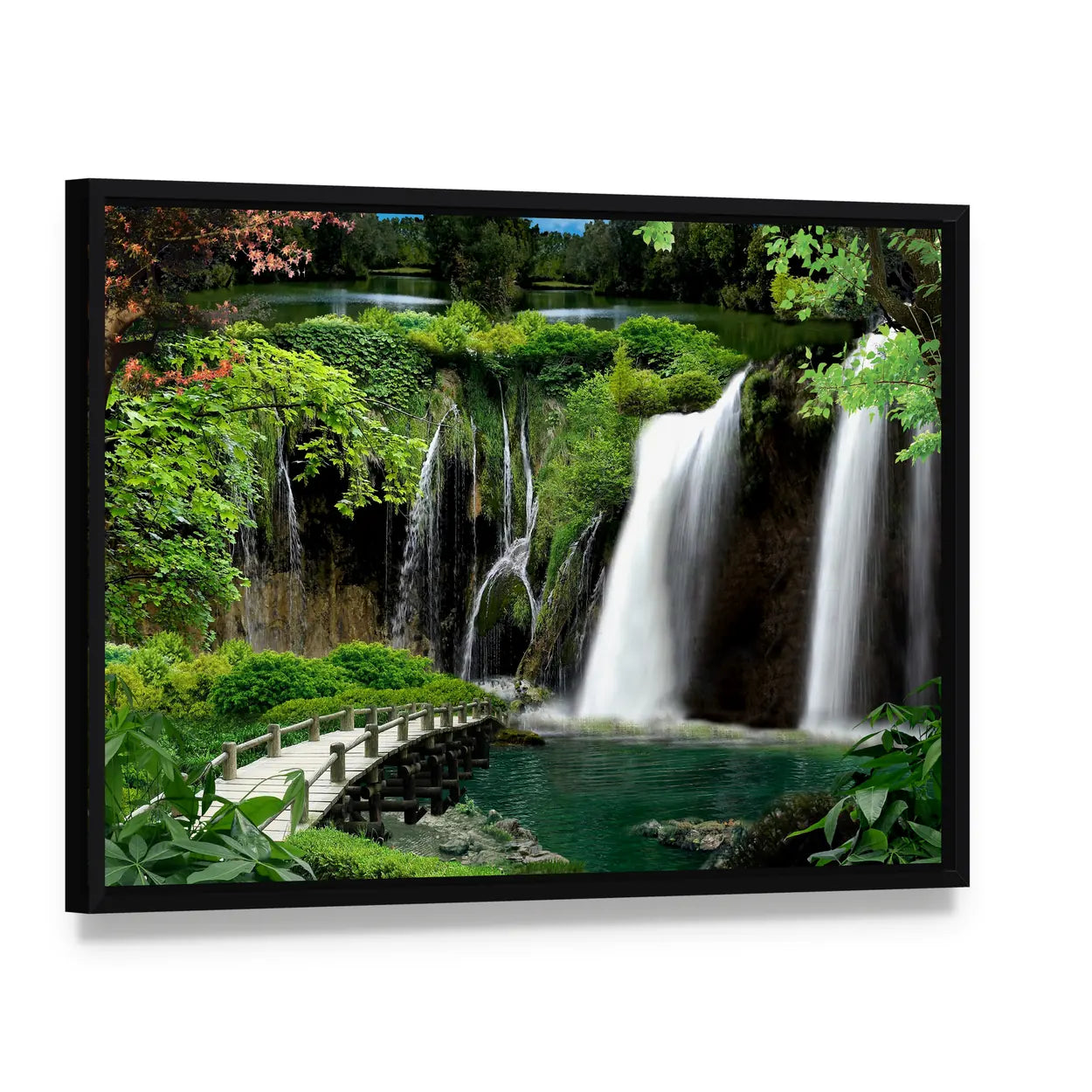 Stone Bridge and Cascading Waterfalls Canvas Wall Art, framed canvas in a black floater frame, angled product view