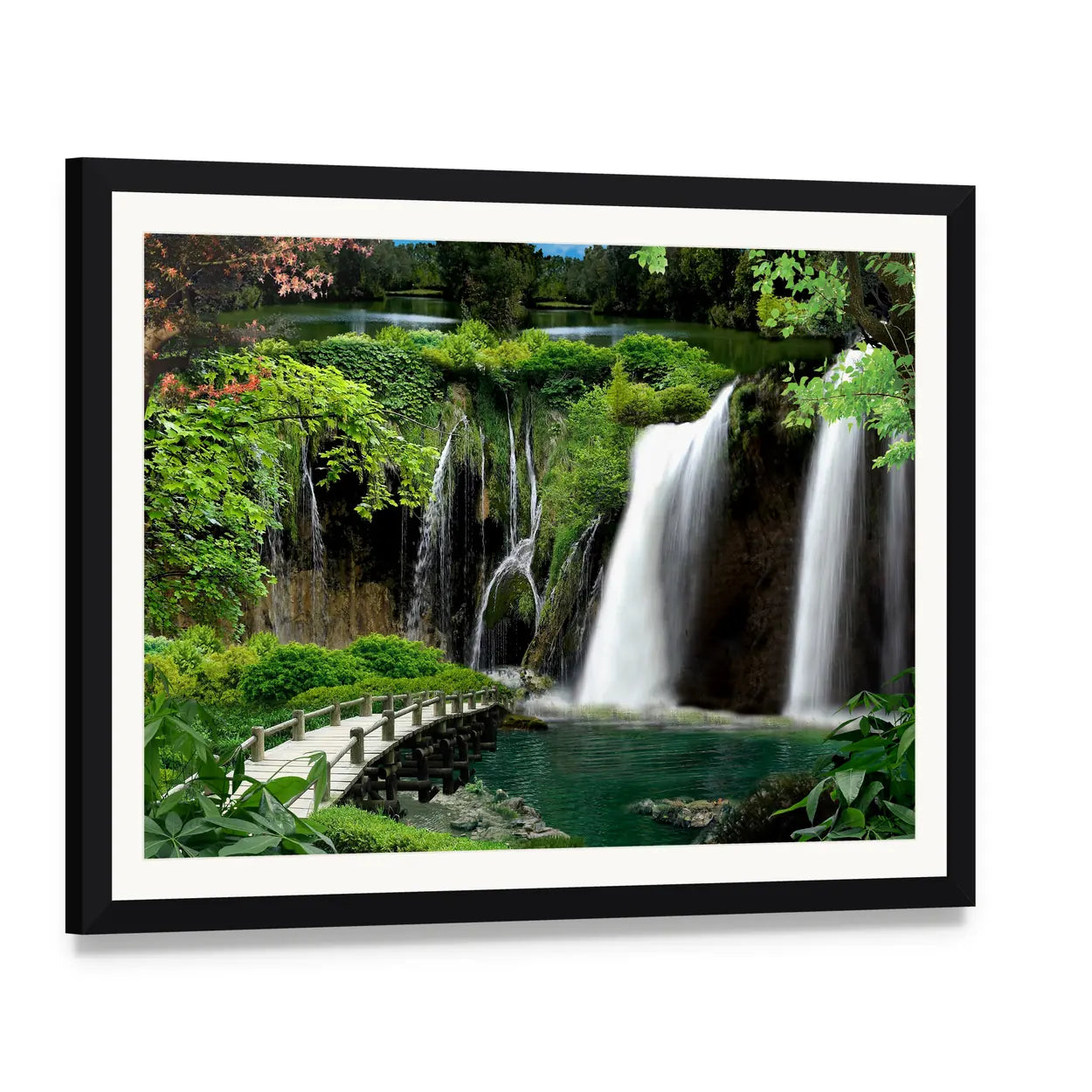 Stone Bridge and Cascading Waterfalls Canvas Wall Art, framed print with white mat and black frame, angled product view